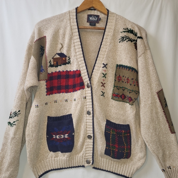 Woolrich Vintage Patchwork Cardigan Women's Size Large Winter Cozy Country - Picture 10 of 12